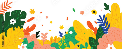 A vibrant botanical design, filled with cheerful colors, lively patterns, and natural motifs, evokes a sense of growth, springtime. Floral border with field flowers. Botanical design, horizontal 