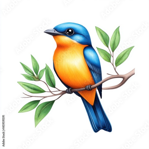 Colorful Bird Illustration Perched on a Branch with Green Leaves in Nature