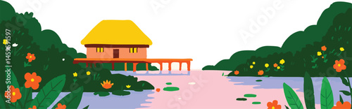 A picturesque scene of a stilt house nestled amidst lush foliage, over serene water, offers a glimpse of a harmonious blend of nature and architecture.border, frame border, frame, border isolated, 