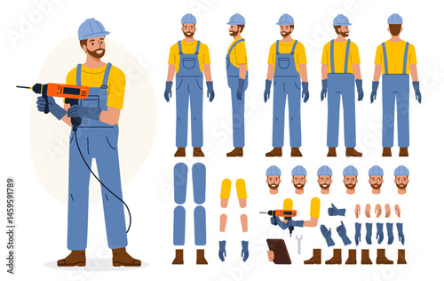 Industrial maintenance worker wearing helmet, overall uniform holding drill tool. Character for animation. Front, side and back view set. Body parts, postures, poses collection. Vector illustration.