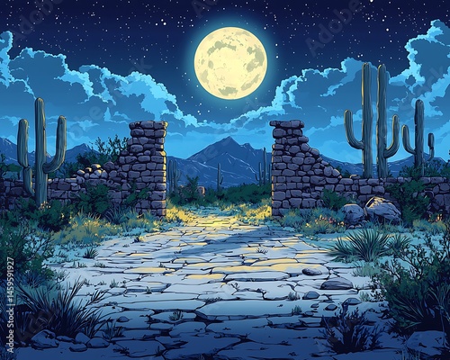 Moonlit desert path through ruins