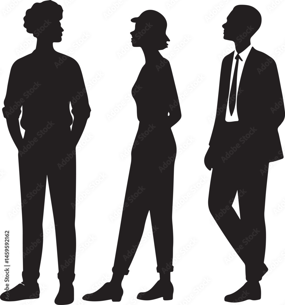 Vector Illustration of Professional Business Silhouettes: Two Men and One Woman Standing United as a Dynamic Team, Bold Black Profiles on a White Background Vector Illustration of Professional Business Silhouettes: Two Men and One Woman Standing United as a Dynamic Team, Bold Black Profiles on a White Background