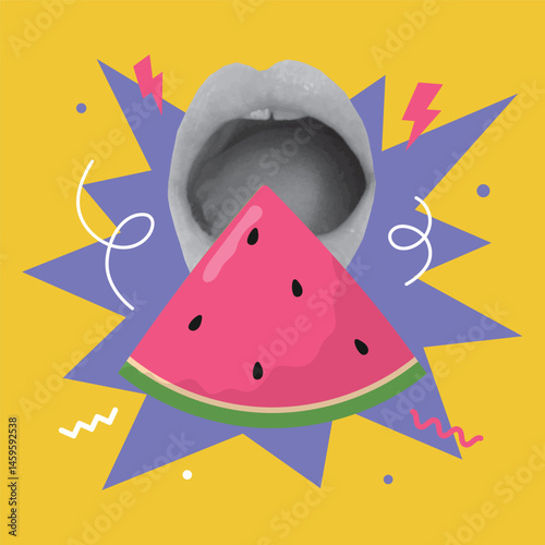 Collage design with mouth and watermelon slice. Summertime, vacations concept. Vector illustration