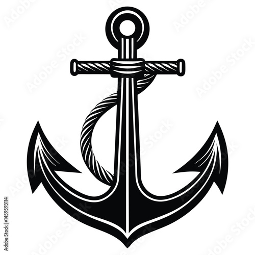 Black and White Anchor with Rope Nautical Illustration