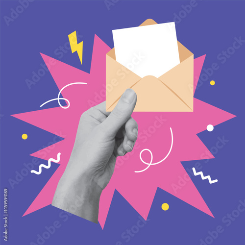 Collage design with hand holding envelope. Cut out hand with the letter on colorful background. Vector illustration