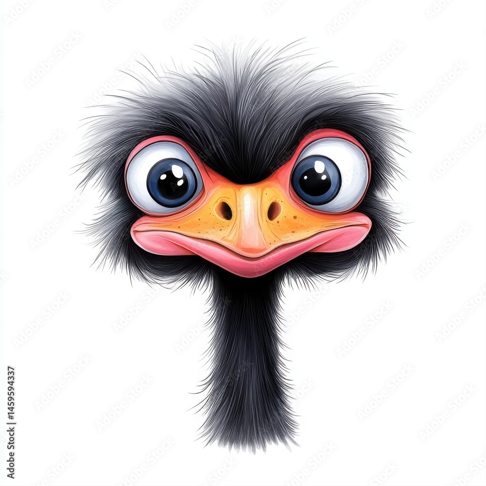 Cute cartoon ostrich head with large eyes and fluffy feathers on white background