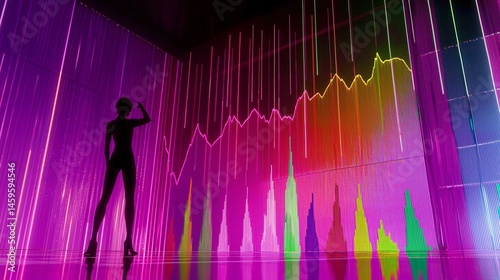 person standing in front of a colorful graph with peaks and drops, emotionally reacting to each level as hormone levels fluctuate. hormone chart, visual peaks, emotional response, hormone shifts, 