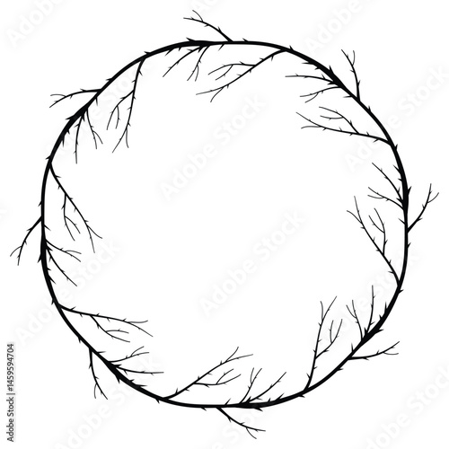 Stylish frame of blackthorn branches in a round silhouette. Perfect for posters and gothic designs.  Rosehip branches. Hand drawn vector illustration. 