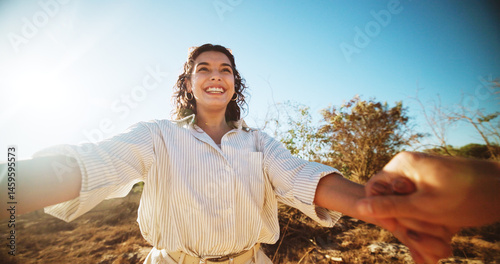 Fotografie Holding hands, pov and love with woman on safari for travel adventure, trust and romantic vacation