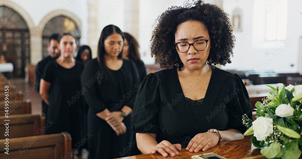 Φωτογραφία Grief, woman and funeral for farewell service, mourning death and goodbye at burial ceremony