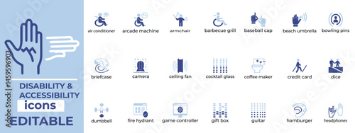 Accessible vector icons for disability awareness, healthcare, and UX design with clean, modern, editable style