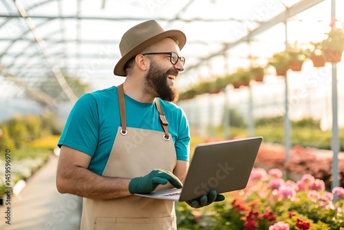 Greenhouse Gardener Using Laptop: Modern Farming Technology