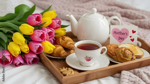 Breakfast in bed for mom with tea, croissant and flowers on a wooden tray over white bed linens. Cozy, affectionate and elegant morning gesture.