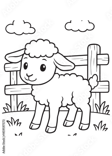 Coloring book lamb stands in a sunny field with grass and flowers