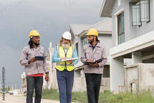 Construction site. Engineer inspect work. Housing estate projects under construction. Construction engineer planning and inspecting of house structure in construction site