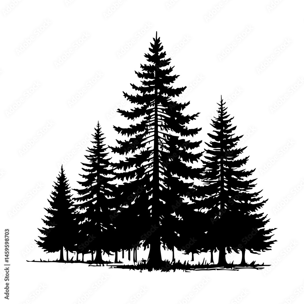 Obraz premium Dense Pine Tree Silhouette Art Mountain Forest Graphic for Nature Design Projects