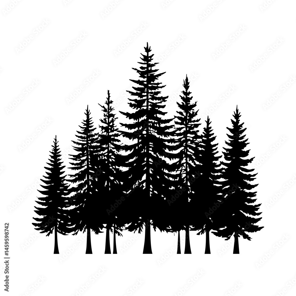 Obraz premium Black Evergreen Tree Silhouette Isolated Conifer Cluster Graphic for Branding and Print