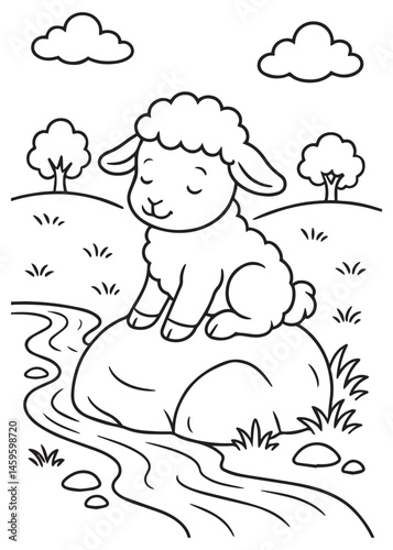 Coloring book lamb sits peacefully on a rock by a stream. Adorable line art for coloring