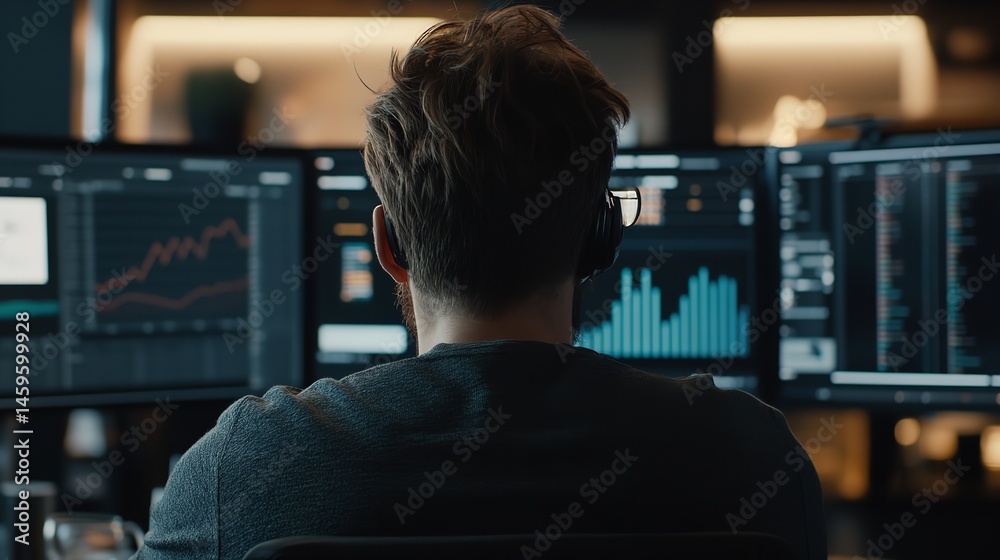 Focused man analyzing teal data graphs on dark screens in dimly lit room late night work Focused man analyzing teal data graphs on dark screens in dimly lit room late night work