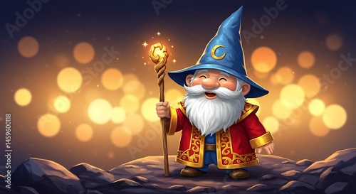 Cheerful Gnome Wizard with Magic Staff on Rocky Peak