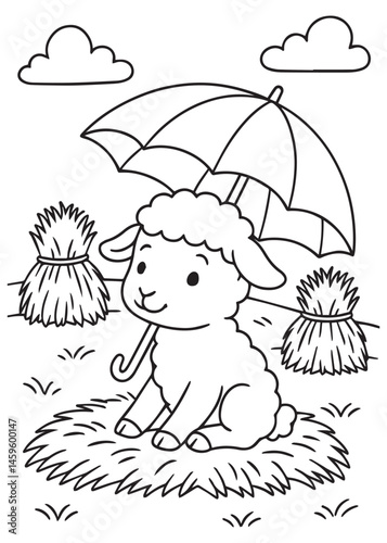 Coloring book lamb sits on hay under an umbrella in a field with haystacks 