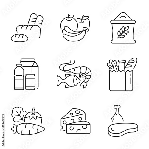 Grocery icon set. Grocery shop, store, supermarket, mart, flea market. Editable line width