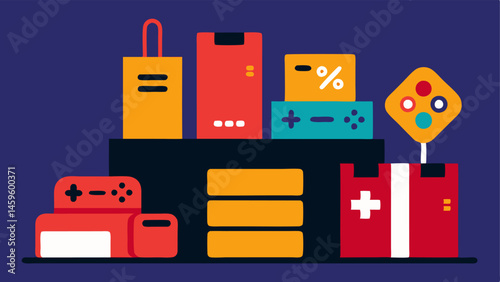 Stacked Consoles A visually appealing display of neatly stacked consoles and accessories with bright price tags showcasing the discounts available.