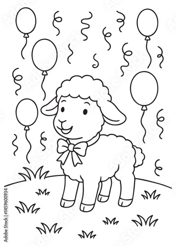 Coloring book lamb with a bow tie celebrates with balloons and confetti.