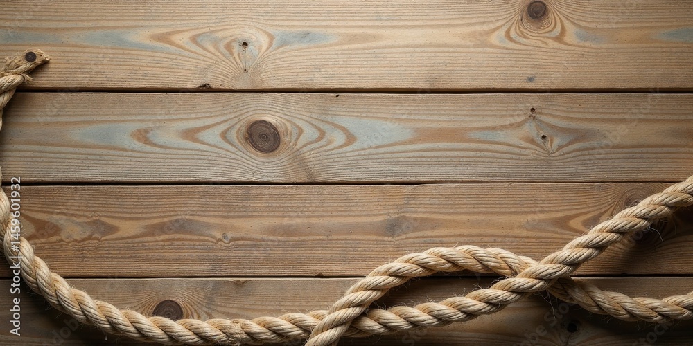 Obraz premium Rustic Wooden Planks Background Featuring a Thick, Braided Hemp Rope Arranged in an Attractive Composition