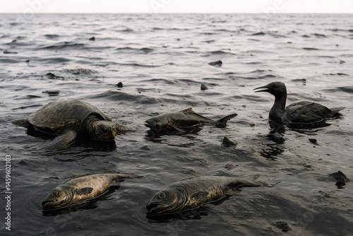 Contaminated sea with oil-covered surface showing affected sea turtles, dead fish, and seabird in marine disaster

