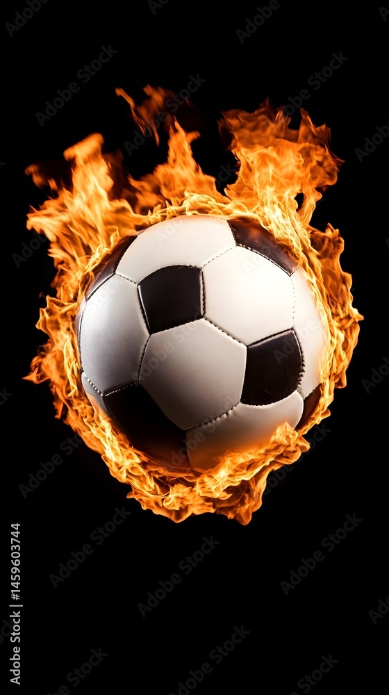 Naklejka premium Fiery soccer ball engulfed in flames against a black background (1)