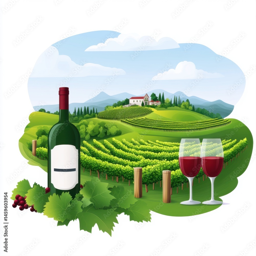 Scenic Vineyard Landscape with Red Wine Bottle and Glasses in Nature