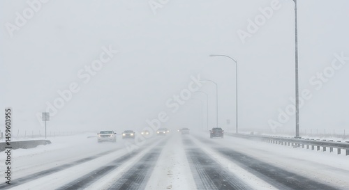 Vehicles navigate a snowy highway in limited visibility conditions.