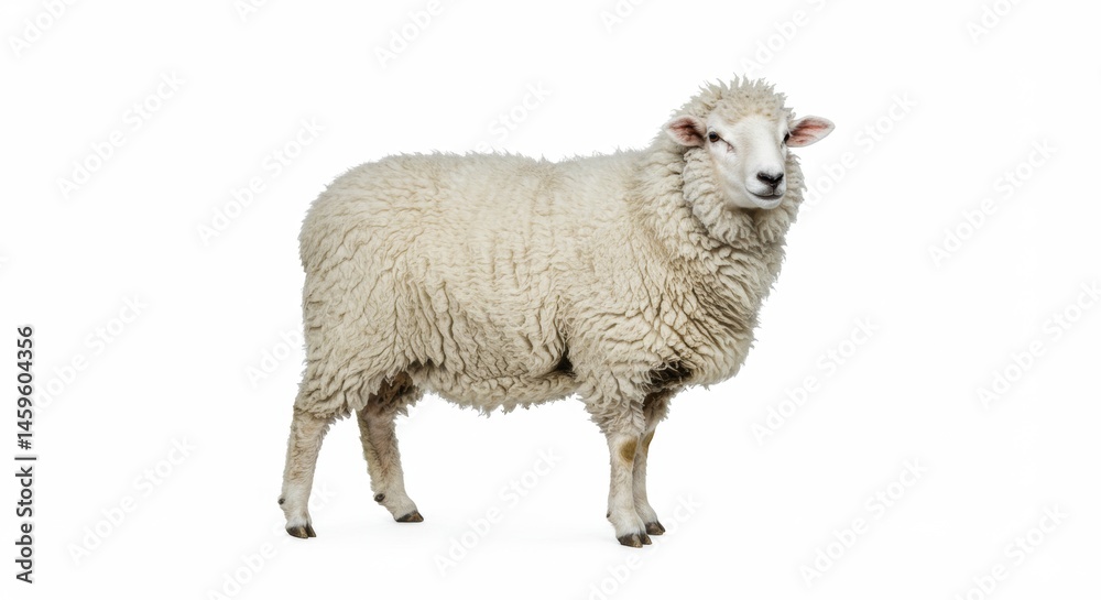 Fototapeta premium Full body shot of a fluffy white sheep standing calmly on a white background showcasing its woolly coat, ideal for agricultural and livestock themes in diverse projects