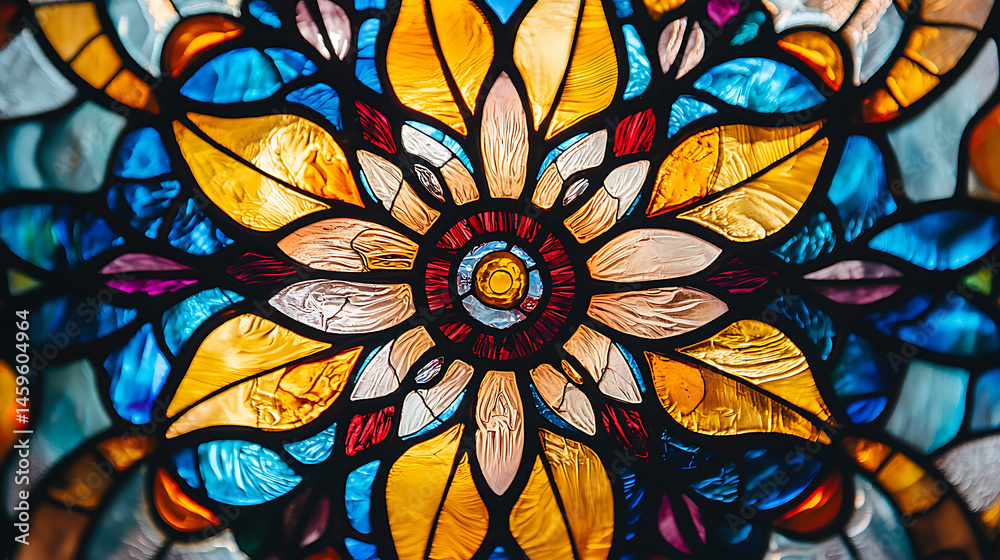 A stained glass flower with a yellow center and red petals