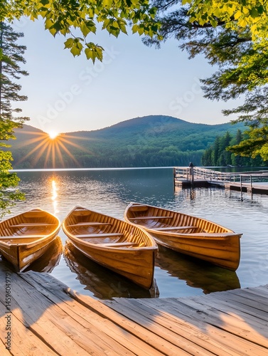 Serene sunrise over calm lake with three wooden boats docked at a wooden pier