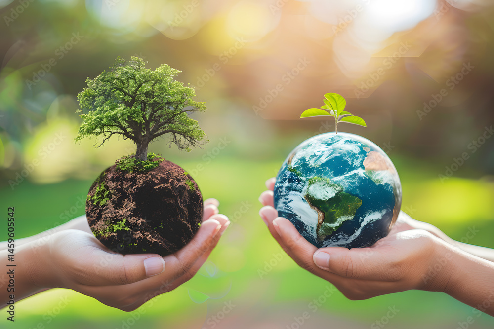 Obraz premium Hands holding Earth globes, one with a tree, one with a sprout. Sustainability.