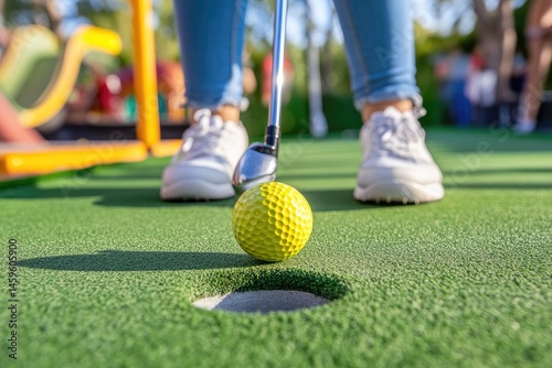 A person s feet and lower legs  wearing casual clothes and shoes  are preparing to putt a yellow golf ball into a hole on a miniature golf course