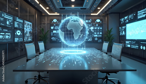 Futuristic meeting room with floating globe and connections between continents, symbolizing business strategy in an increasingly globalized world. ai generative