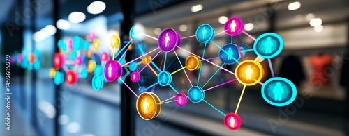 Customer journey touchpoints. Digital Screen Displaying Multiple Stages of Customer Journey with Colorful Icons and Connections