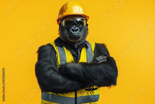 Gorilla construction worker posing in safety gear