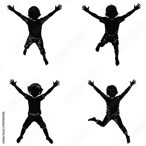 Four Black Silhouettes Of Boys Jumping With Arms Raised In Joyful Celebration