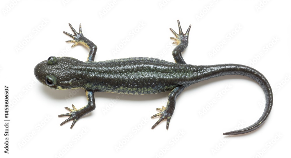 Naklejka premium Great Crested Newt Close-Up on White Background Showing Detailed Skin Texture and Color Variations, Ideal for Scientific and Educational Purposes, Wildlife Conservation