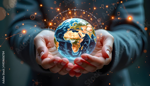 Futuristic image of hands holding a digital planet Earth with business connections and icons, symbolizing economic globalization and world interconnectedness. ai generative
