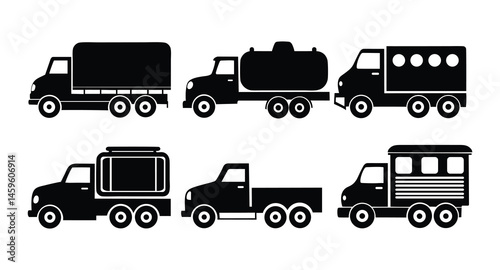 Heavy Truck Silhouette Icon Set, Vector Industrial Transport Vehicles Collection