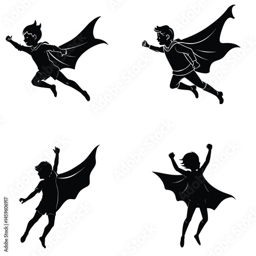 Superhero Kids Silhouettes Flying Empowered Children With Cape On White Background