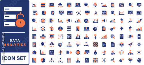 Data analytics icon set. Containing data analysis, data mining, global data, monitoring, data processing, big data, data visualization and more. Outline vector icons collection.