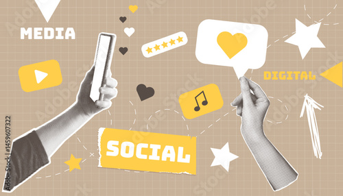 Social media digital halftone collage. Like, posts, rating, media. Vector collage, poster, banner. EPS10