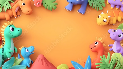 Fototapeta Naklejka Na Ścianę i Meble -  Colorful dinosaur toys create a playful border.
