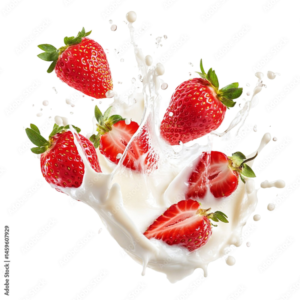 Strawberries splashing creamy milk